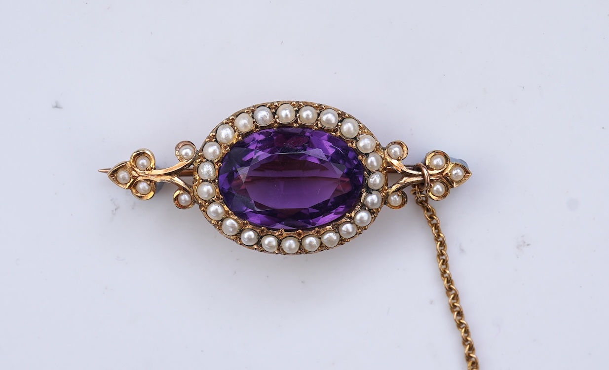An Edwardian amethyst and seed pearl brooch, early 20th century